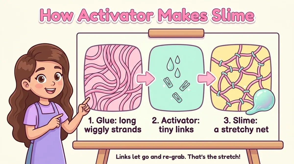 Diagram: glue is long wiggly strands, activator makes tiny links, slime is a stretchy net