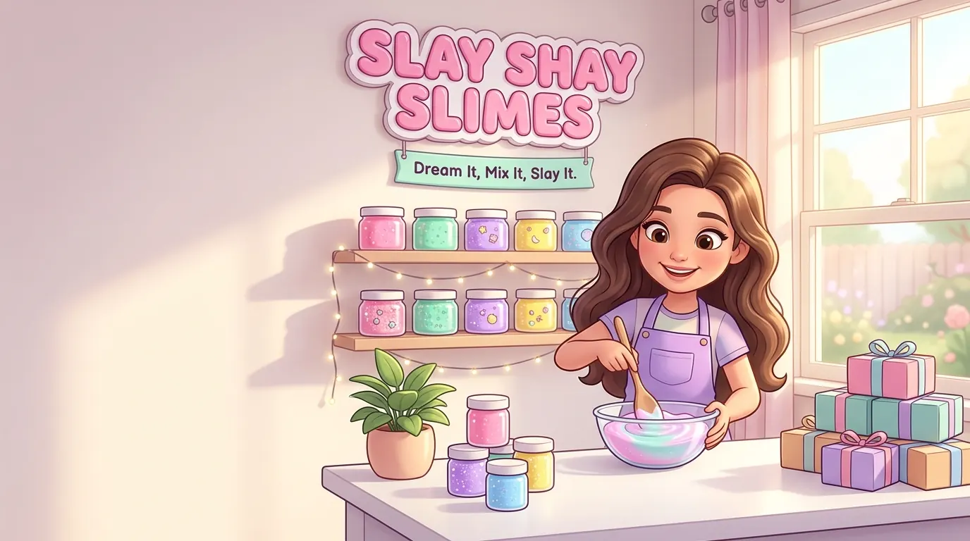 Illustration of a girl mixing pastel slime under a Slay Shay Slimes sign that says Dream it, Mix it, Slay it