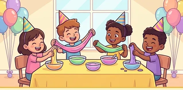 Illustration of kids in party hats stretching colorful slime at a birthday table